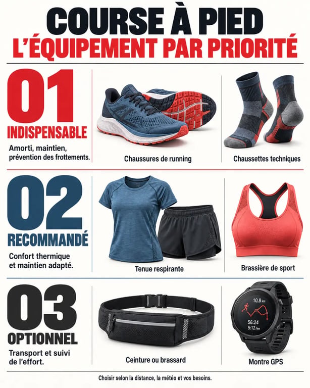 Équipement course à pied indispensable, recommandé et optionnel présenté dans une infographie