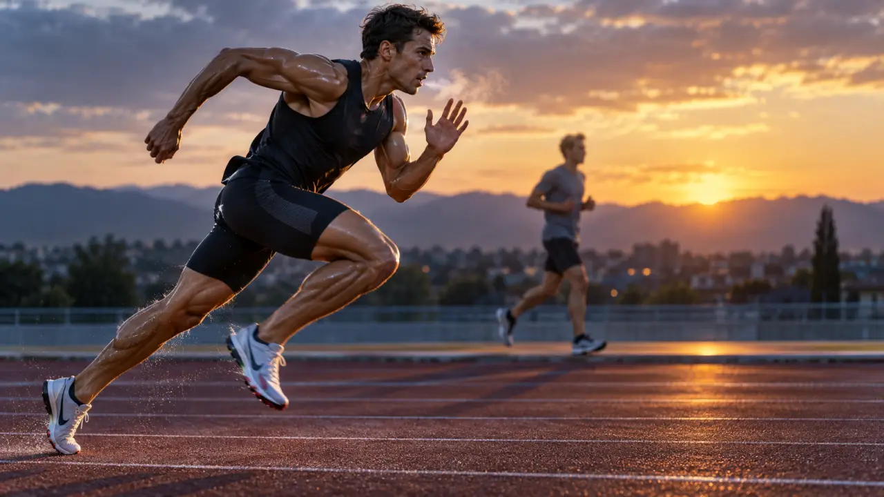 Sprinteur en position de départ, muscles contractés avant l'effort