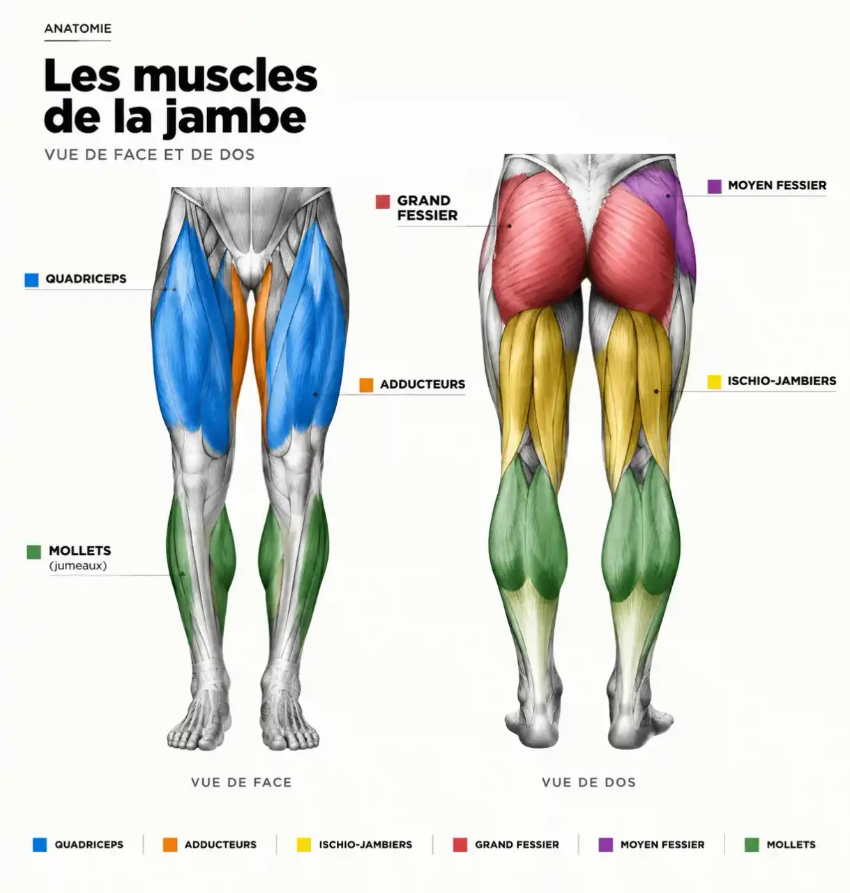 Schéma des muscles à travailler pour la musculation des jambes : quadriceps, ischio-jambiers, fessiers et mollets