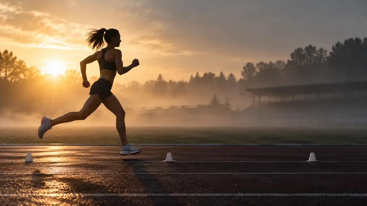 Coureur en mouvement sur une piste d’athlétisme, photographie contrastée en noir et blanc