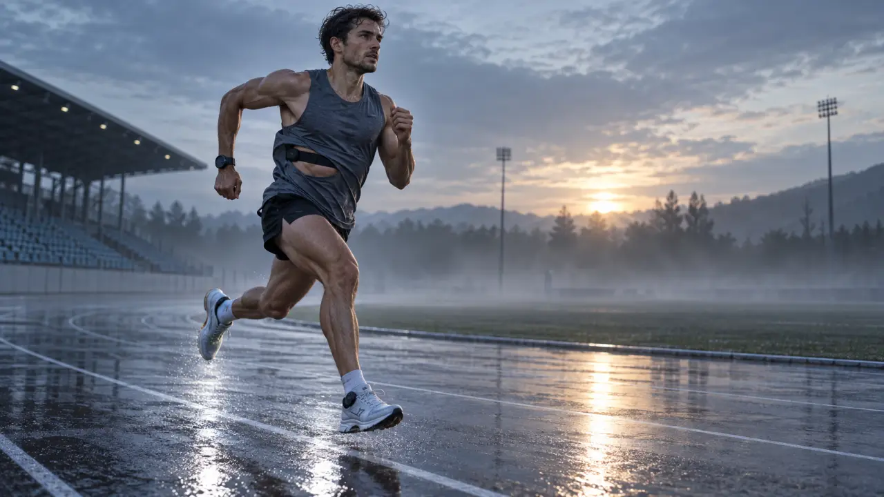 Coureur équipé d'une montre et d'une ceinture cardio sur une piste d'athlétisme