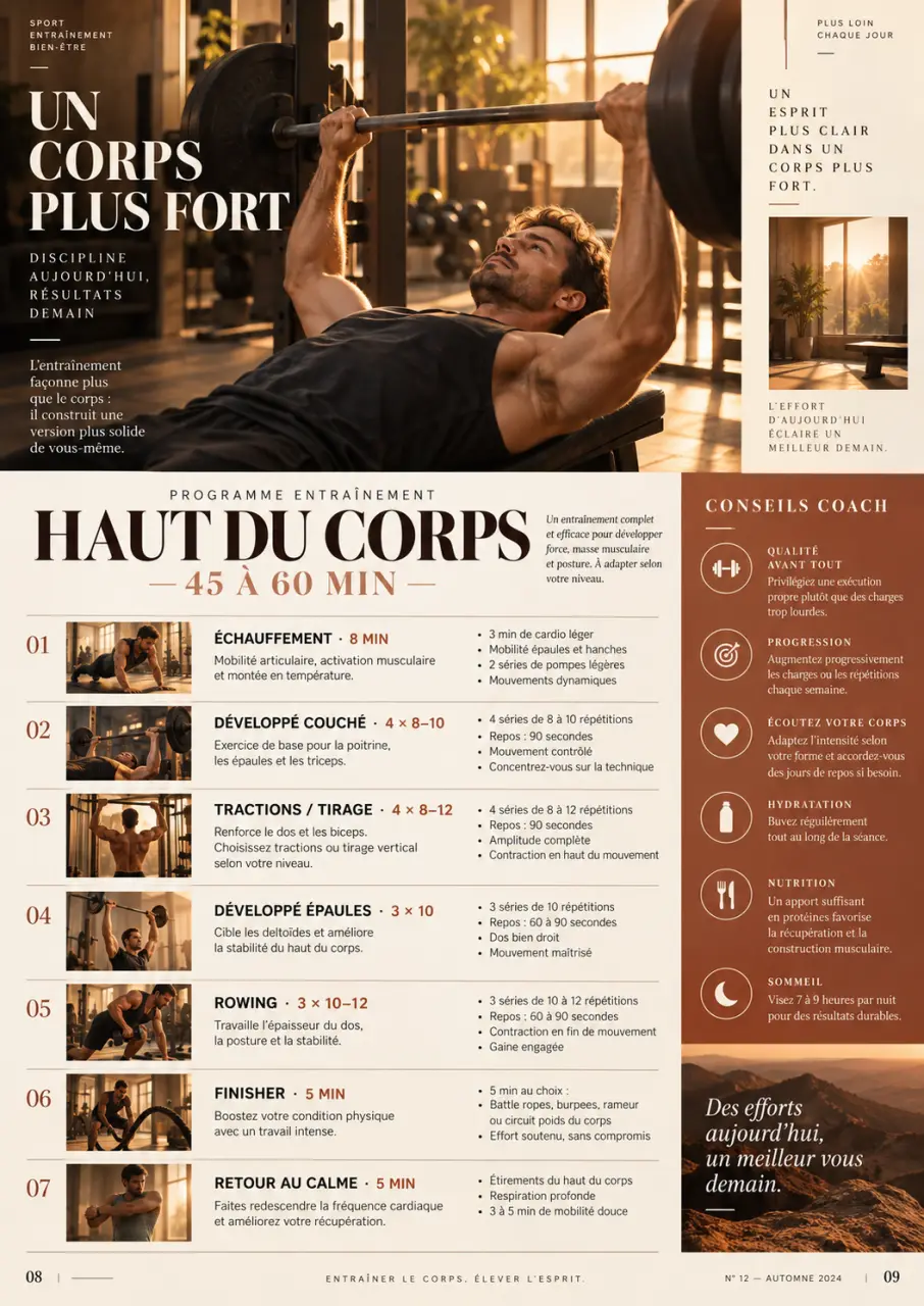 Un programme haut du corps en PDF, structuré pour 45 à 60 minutes