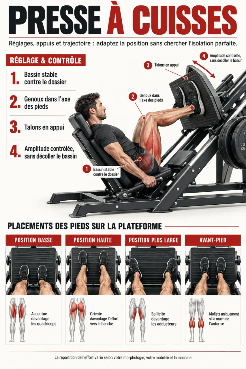 Press musculation : placement des pieds et réglage sécurisé sur une presse à cuisses
