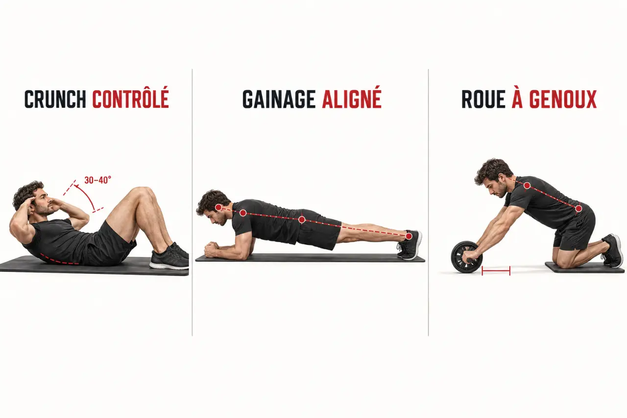 Exercices progressifs pour avoir rapidement des abdos avec crunch, gainage et roue abdominale