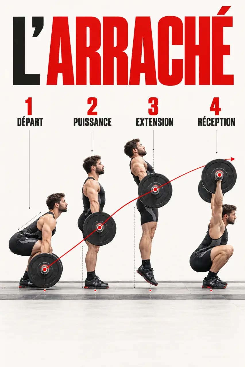 Snatch musculation : illustration des quatre phases de l’arraché à la barre