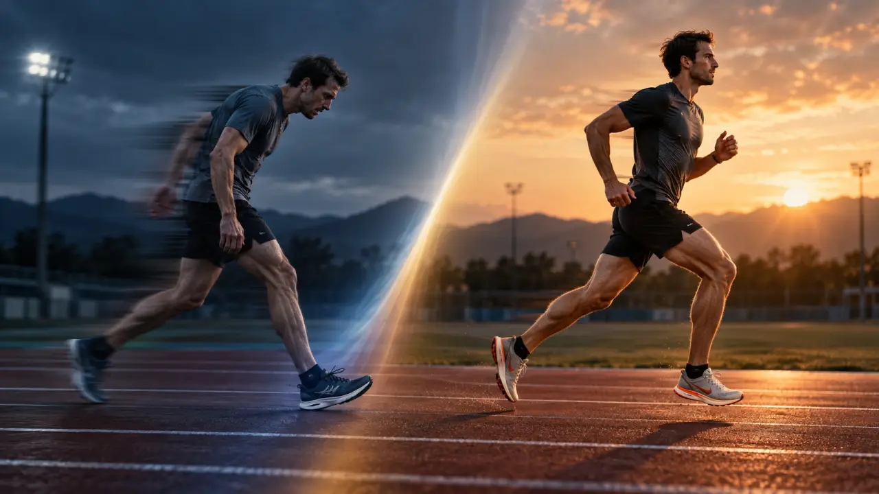 Coureur en pleine foulée sur une piste d'athlétisme, image contrastée et analytique