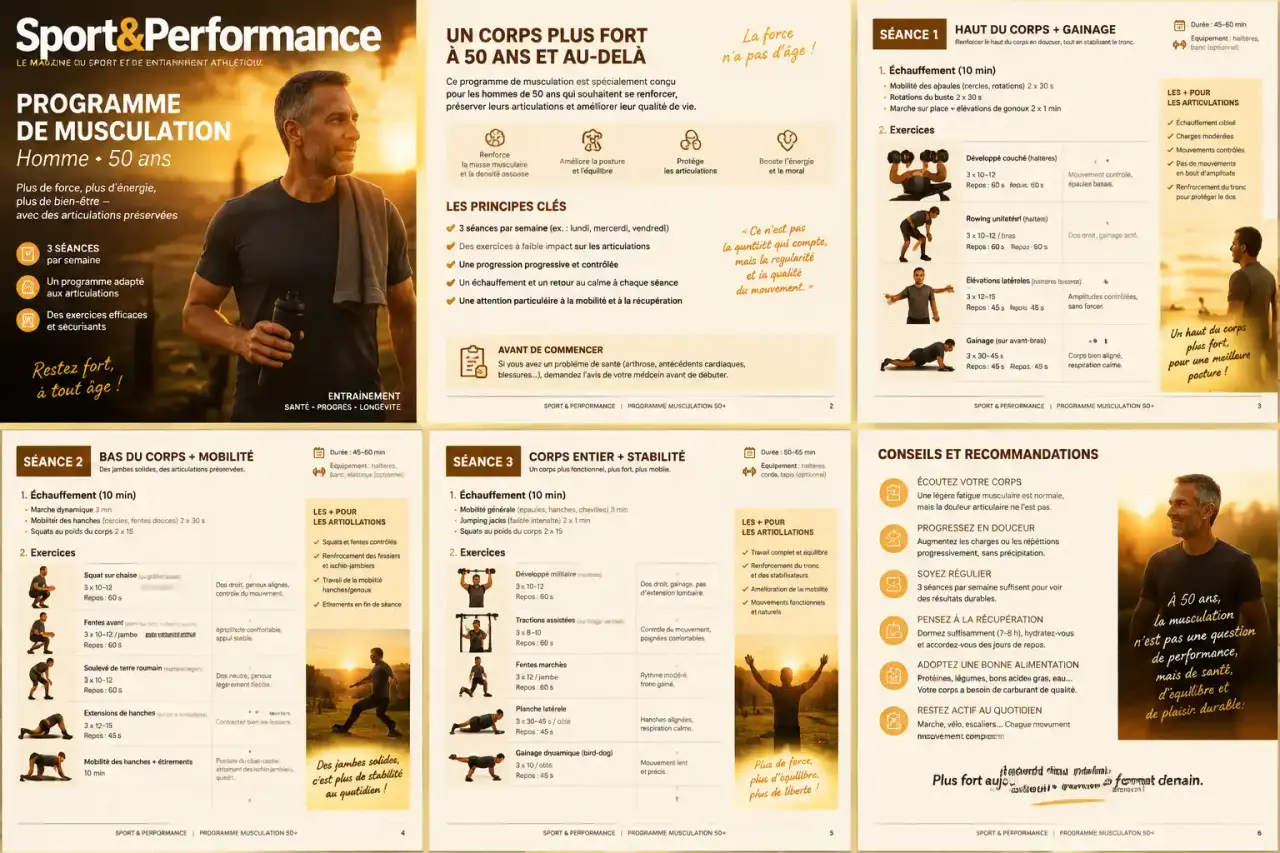 Un programme de musculation pour homme de 50 ans, en PDF, avec 3 séances adaptées aux articulations