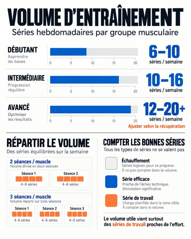 Infographie d’un programme musculation volume avec séries hebdomadaires selon le niveau