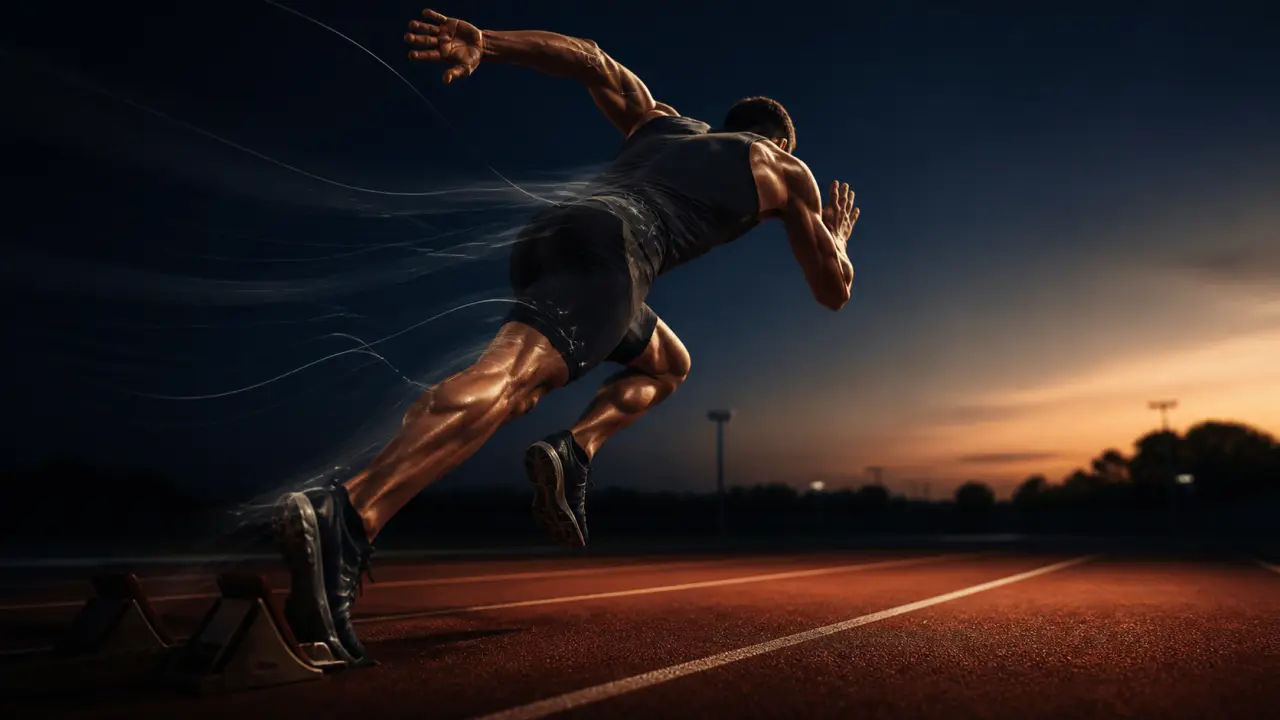 Sprinteur dans les starting-blocks, contraste noir et blanc, tension musculaire visible