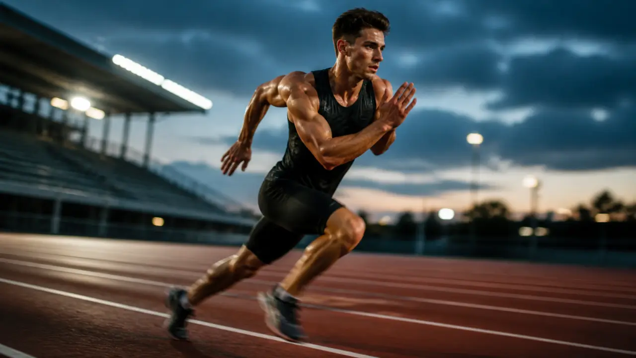 Sprinteur dans les starting-blocks, tension musculaire et contraste noir et blanc